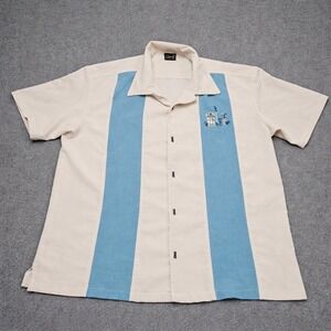 Vintage Steady Bowling‎ Shirt XL Cream Blue Embroidered Tiki Hawaiian Y2K Party